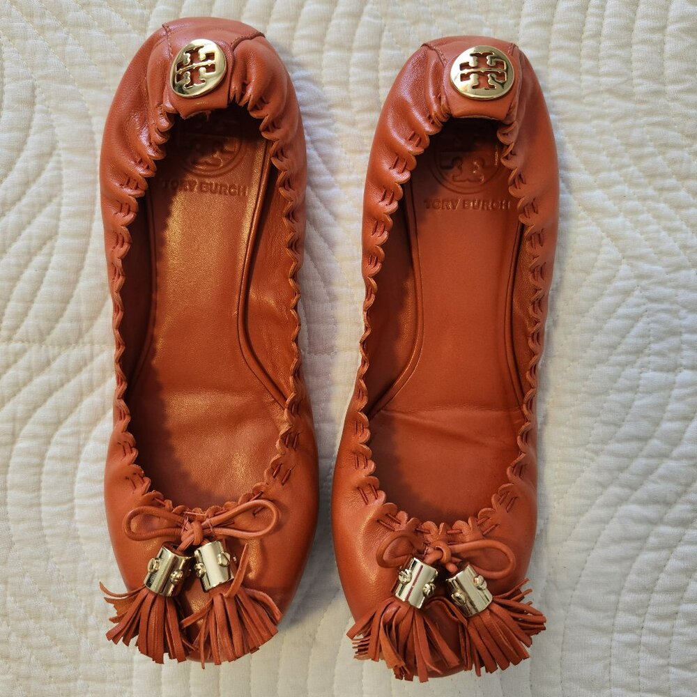 Tory Burch Reese Orange Bow Tassel Ballet Flats